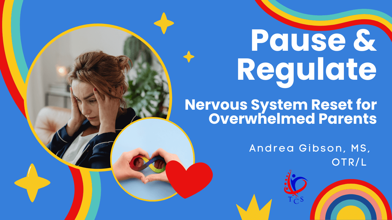 Colorful thumbnail with title "Pause & Regulate: Nervous System Reset for Overwhelmed Parents" containing a rainbow infinity sign and image of young white woman sitting on a sofa with her hand to her head looking overwhelmed.