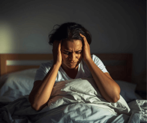 black woman sitting up in bed holding her hands to her head in apparent pain
