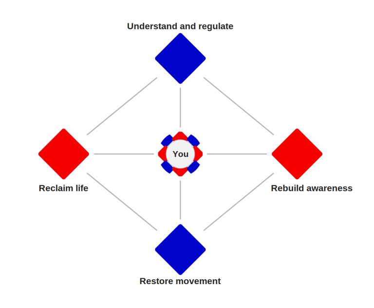 4 diamonds oriented in a diamond shape, each representing one of the four pillars of the Mosaic model. In the center is a circle labeled "you" with several colored tiles behind, representing the mosaic-like focus of the model.