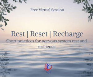 Peaceful image with the name of the program in clear letters: Rest Reset Recharge: Short practices for nervous system rest and resilience